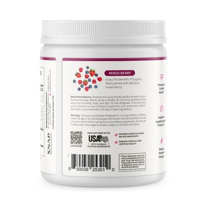Snap Supplements Organic Beet Root Powder Nitric Oxide Supplement for Men & Women, Red Spinach & Pomegranate, Supports Healthy Energy & Blood Pressure Already in Normal Range, 30 Servings, Mixed Berry - Maple Wellness Supplements