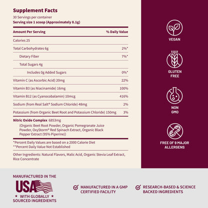 Snap Supplements Organic Beet Root Powder Nitric Oxide Supplement for Men & Women, Red Spinach & Pomegranate, Supports Healthy Energy & Blood Pressure Already in Normal Range, 30 Servings, Mixed Berry - Maple Wellness Supplements