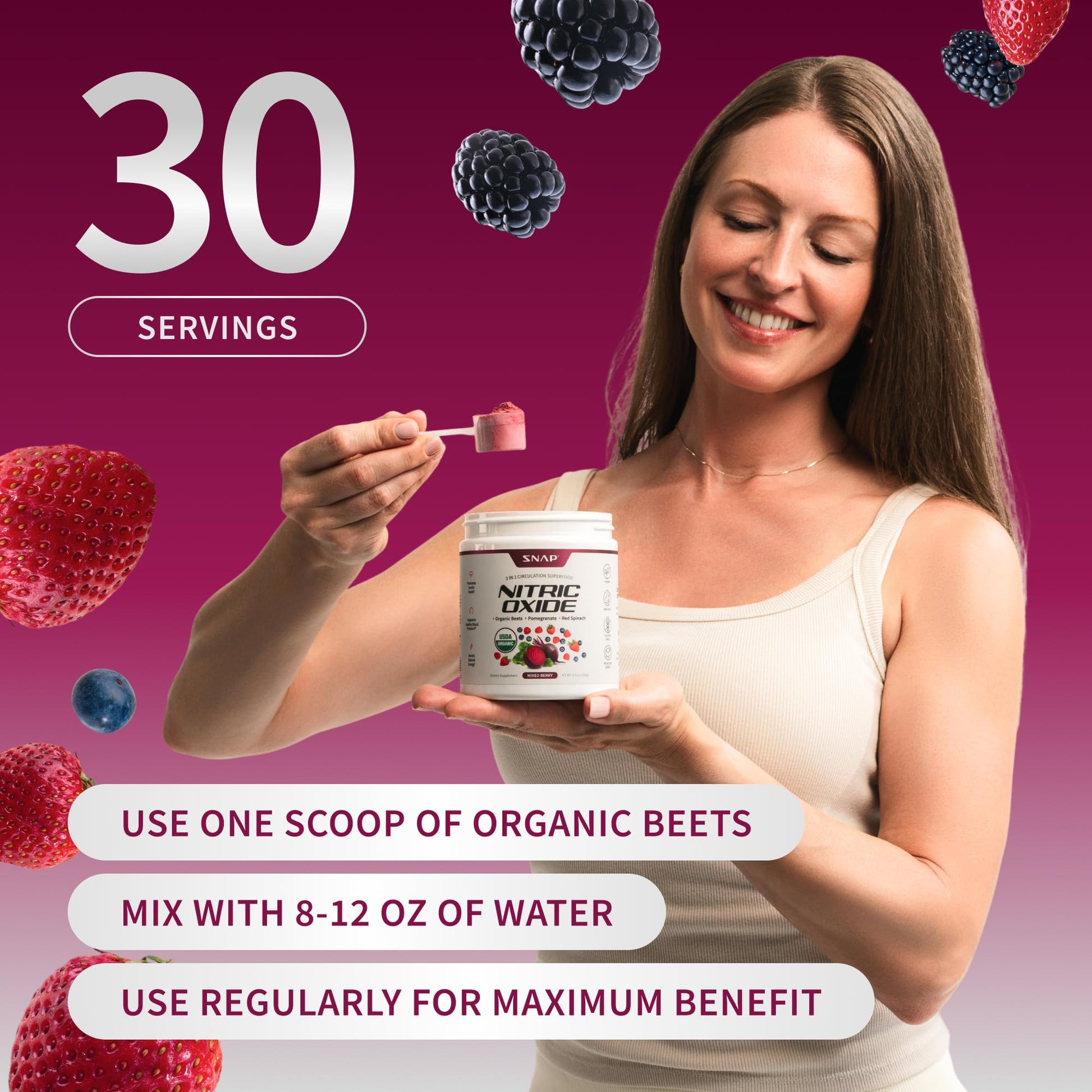 Snap Supplements Organic Beet Root Powder Nitric Oxide Supplement for Men & Women, Red Spinach & Pomegranate, Supports Healthy Energy & Blood Pressure Already in Normal Range, 30 Servings, Mixed Berry - Maple Wellness Supplements
