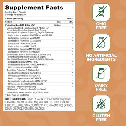 Social Naturals Daily Probiotic | 20 Billion CFU | Multi-Strain with Prebiotic + Postbiotic | Gut Health & Digestion Support | Vegan | 30 Capsules - Maple Wellness Supplements