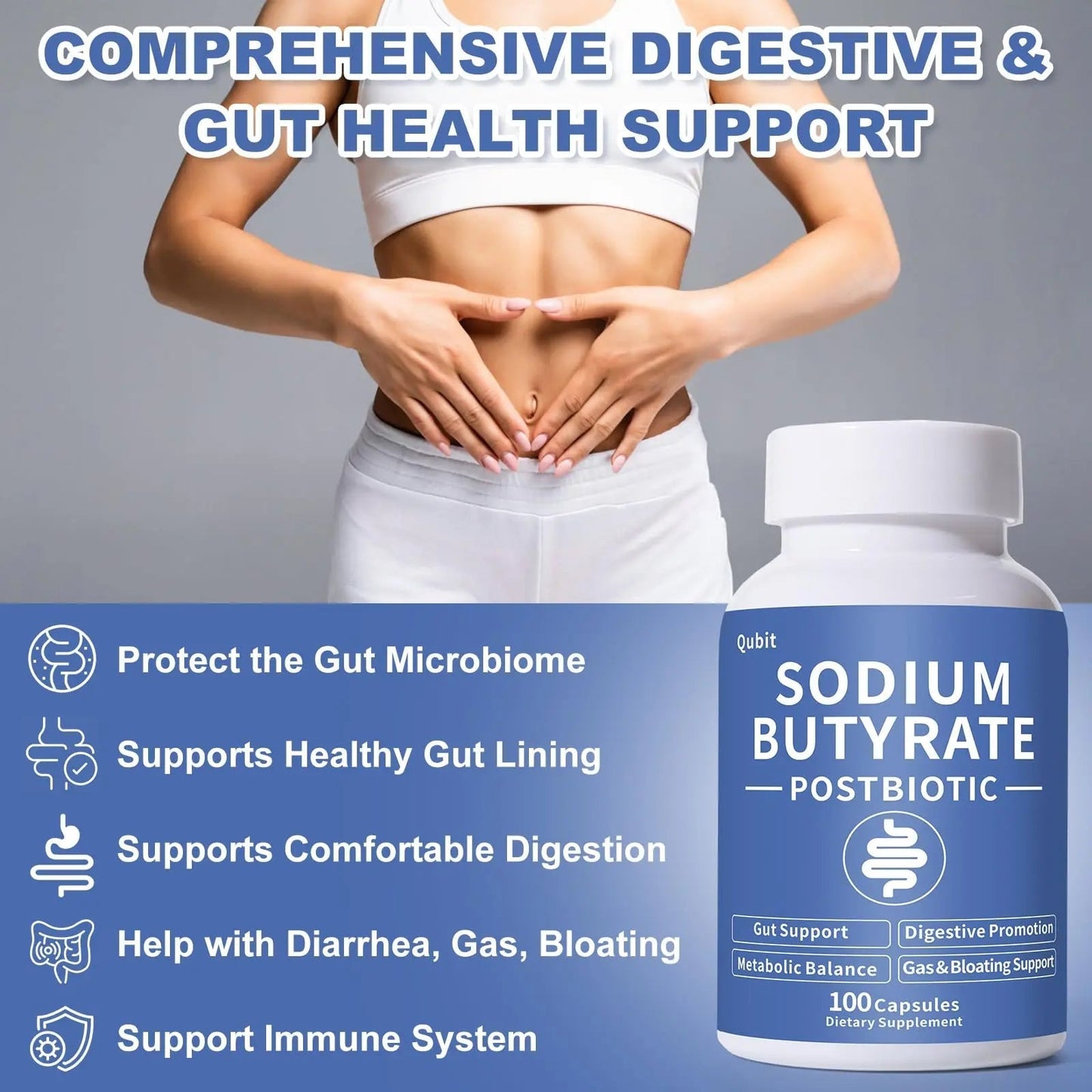 Sodium Butyrate, Butyrate Gut Health Supplement, Postbiotic for Gut, Stomach & Digestive, Support IBS, Leaky Gut, Gas & Bloat, Low Odor, 100 Vegan Capsules - Maple Wellness Supplements
