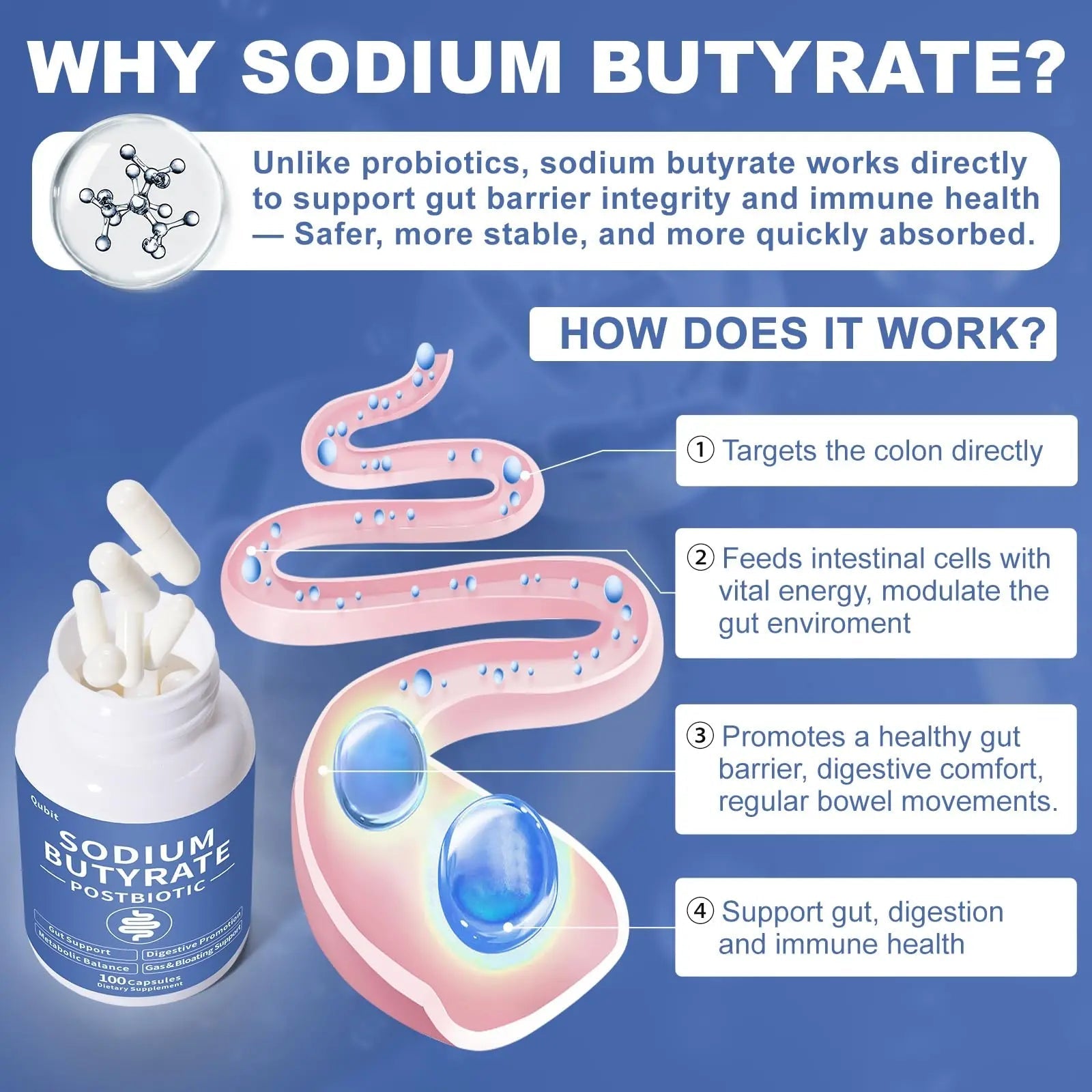 Sodium Butyrate Supplement – Postbiotic for Gut Health, Supports Digestion, IBS, Leaky Gut & Stomach Comfort – Low Odor, Easy to Swallow, No Side Effects – 100 Vegan Capsules - Maple Wellness Supplements
