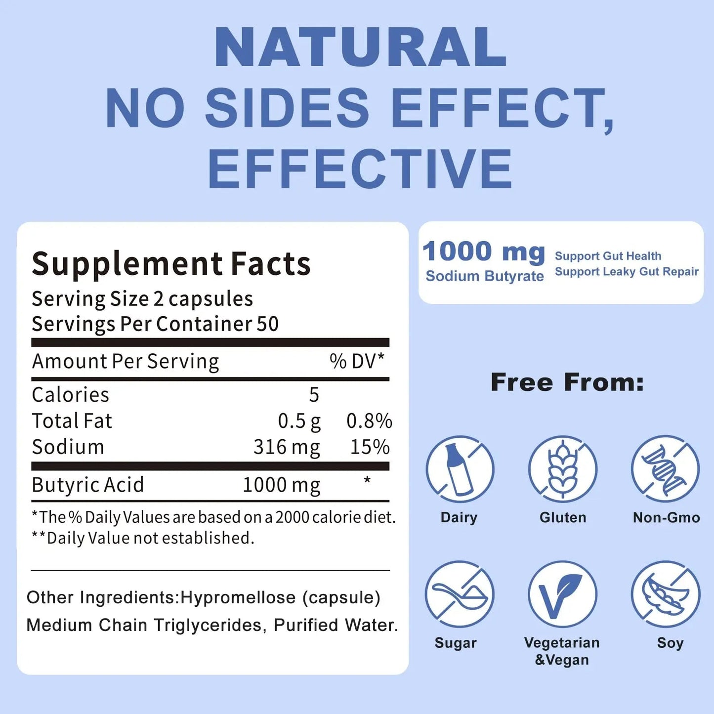 Sodium Butyrate Supplement – Postbiotic for Gut Health, Supports Digestion, IBS, Leaky Gut & Stomach Comfort – Low Odor, Easy to Swallow, No Side Effects – 100 Vegan Capsules - Maple Wellness Supplements