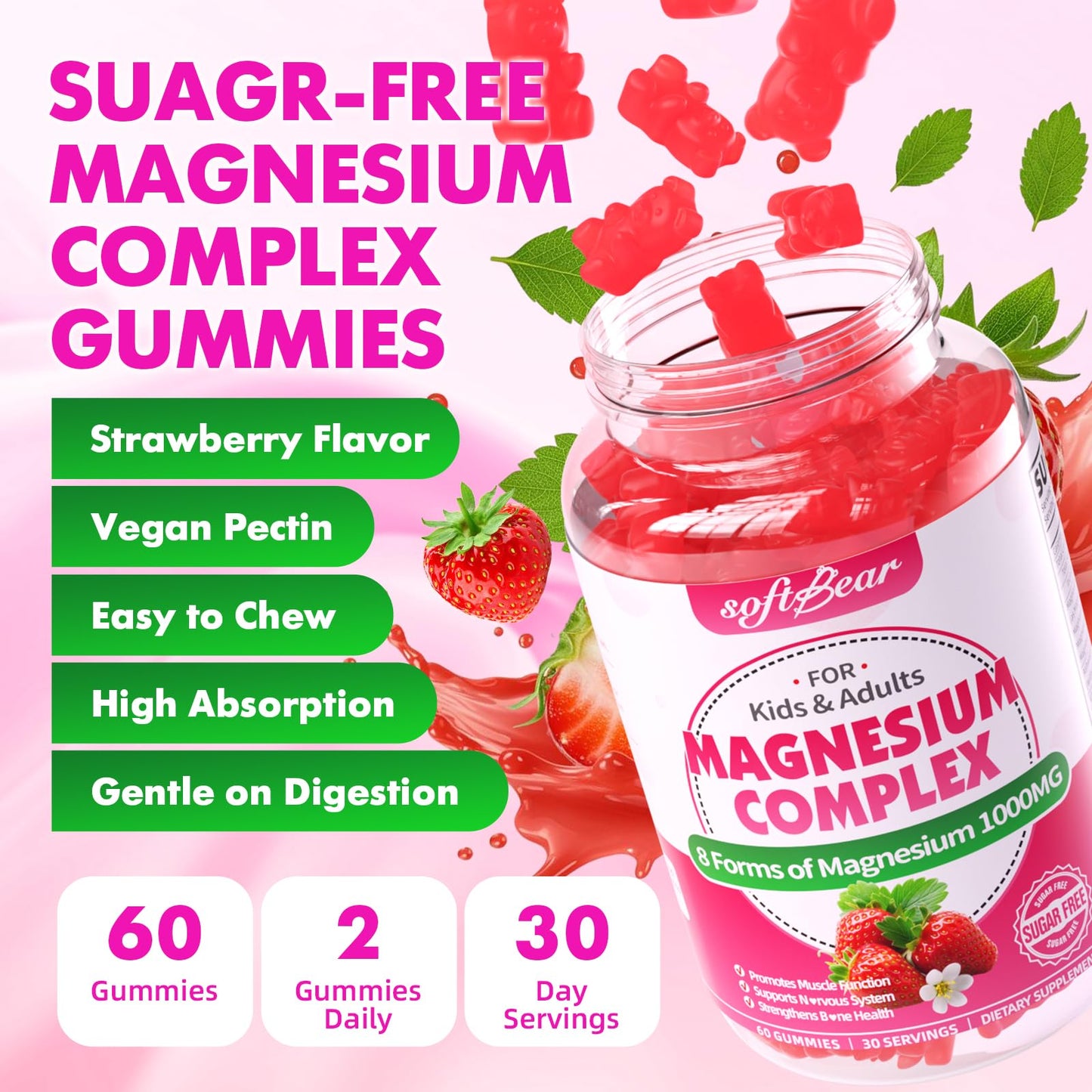 softbear Magnesium Complex Gummies for Women & Men & Kids, 8 in 1 Magnesium Complex Supplement 1000mg-Magnesium Glycinate,Citrate,Malate Supports Calm, Zzz, Muscle Cramp, Strawberry Flavor 120 Count - Maple Wellness Supplements