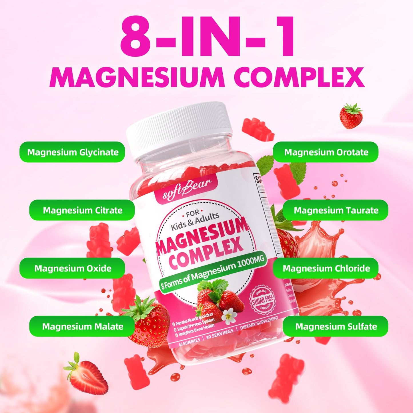 softbear Magnesium Complex Gummies for Women & Men & Kids, 8 in 1 Magnesium Complex Supplement 1000mg-Magnesium Glycinate,Citrate,Malate Supports Calm, Zzz, Muscle Cramp, Strawberry Flavor 120 Count - Maple Wellness Supplements