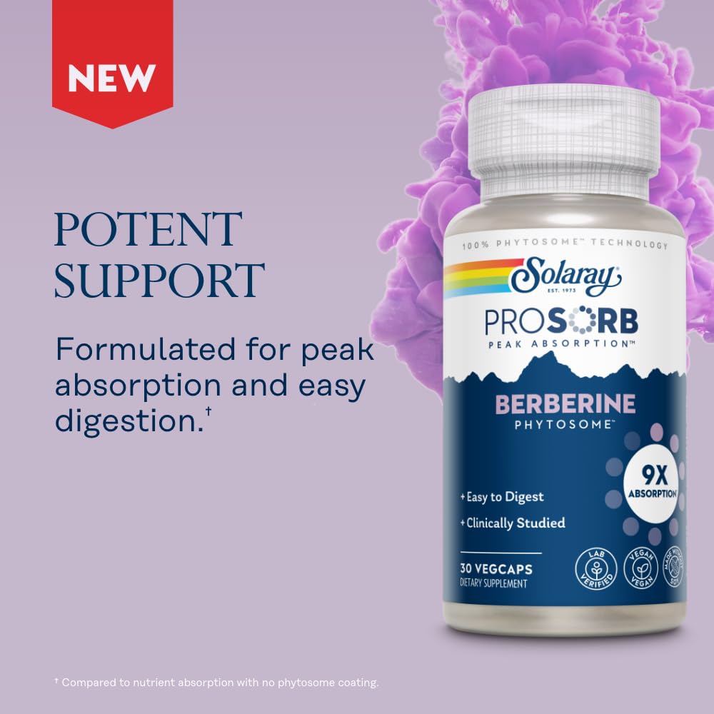 SOLARAY Berberine Phytosome - 9X Absorption and Easy-to-Digest - Standardized to 30% Berberine HCl - Vegan, Made Without Soy - Maple Wellness Supplements