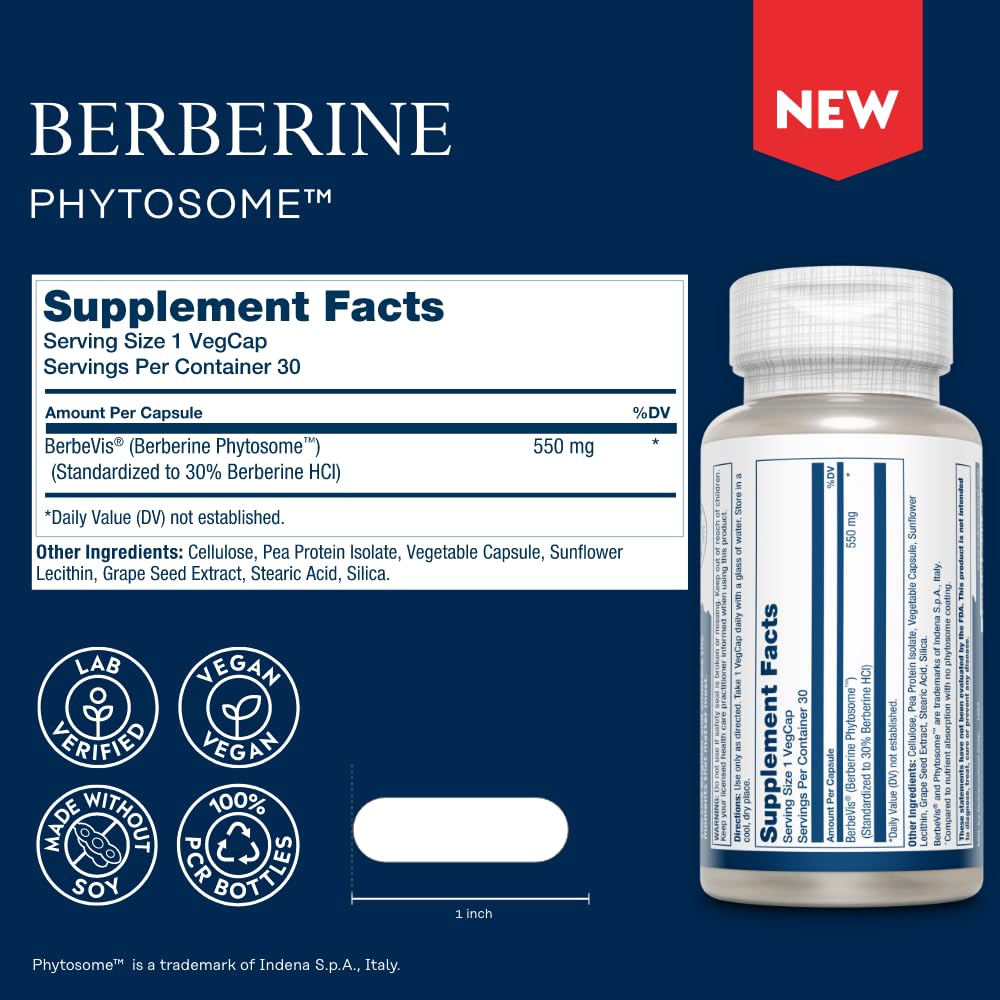 SOLARAY Berberine Phytosome - 9X Absorption and Easy-to-Digest - Standardized to 30% Berberine HCl - Vegan, Made Without Soy - Maple Wellness Supplements