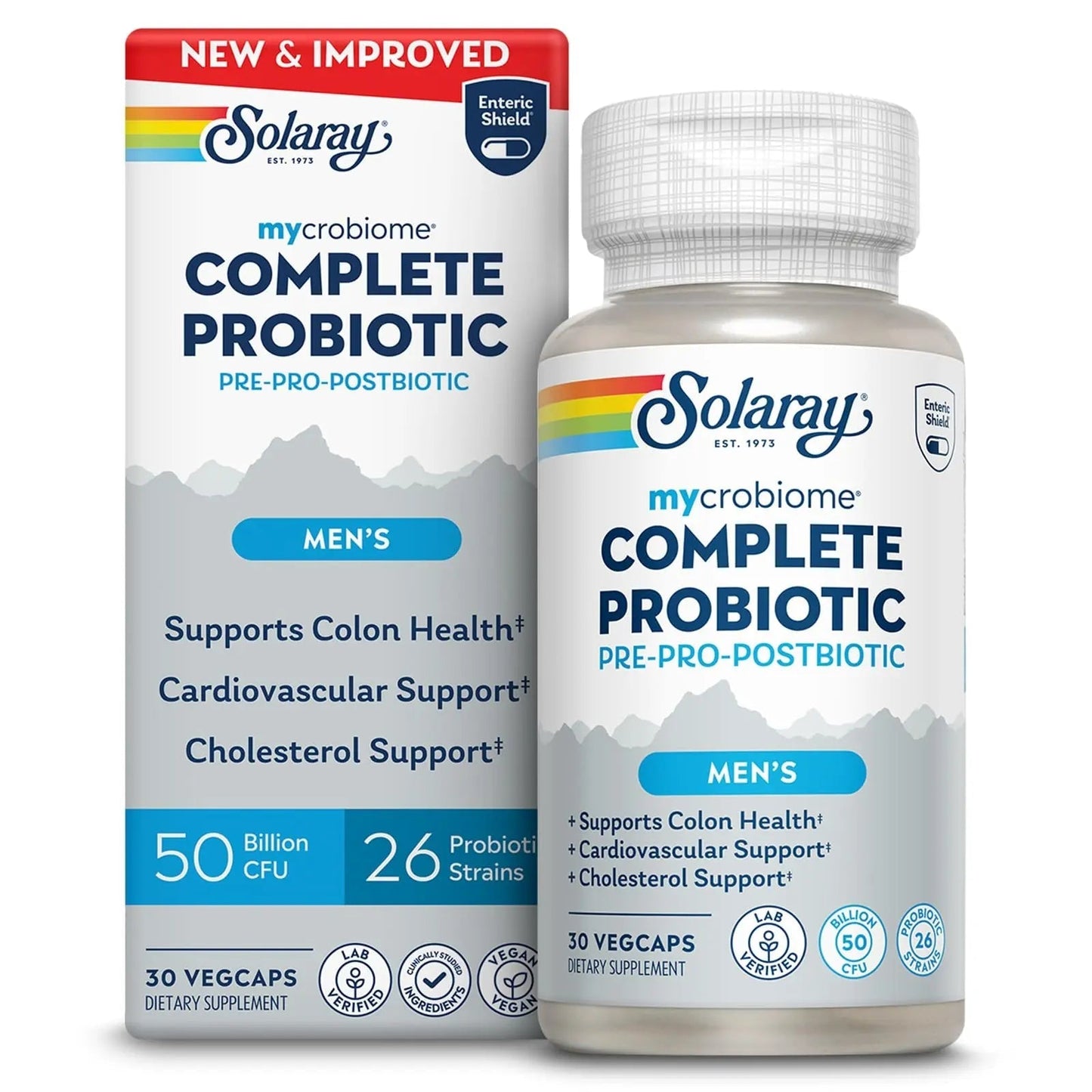 SOLARAY Mycrobiome Complete Probiotic Men's Formula - Pre and Probiotics for Men Plus Postbiotic - Digestive Health and Immune Support - 50 Billion CFU, 26 Strains - Vegan - 30 Servings, 30 VegCaps - Maple Wellness Supplements