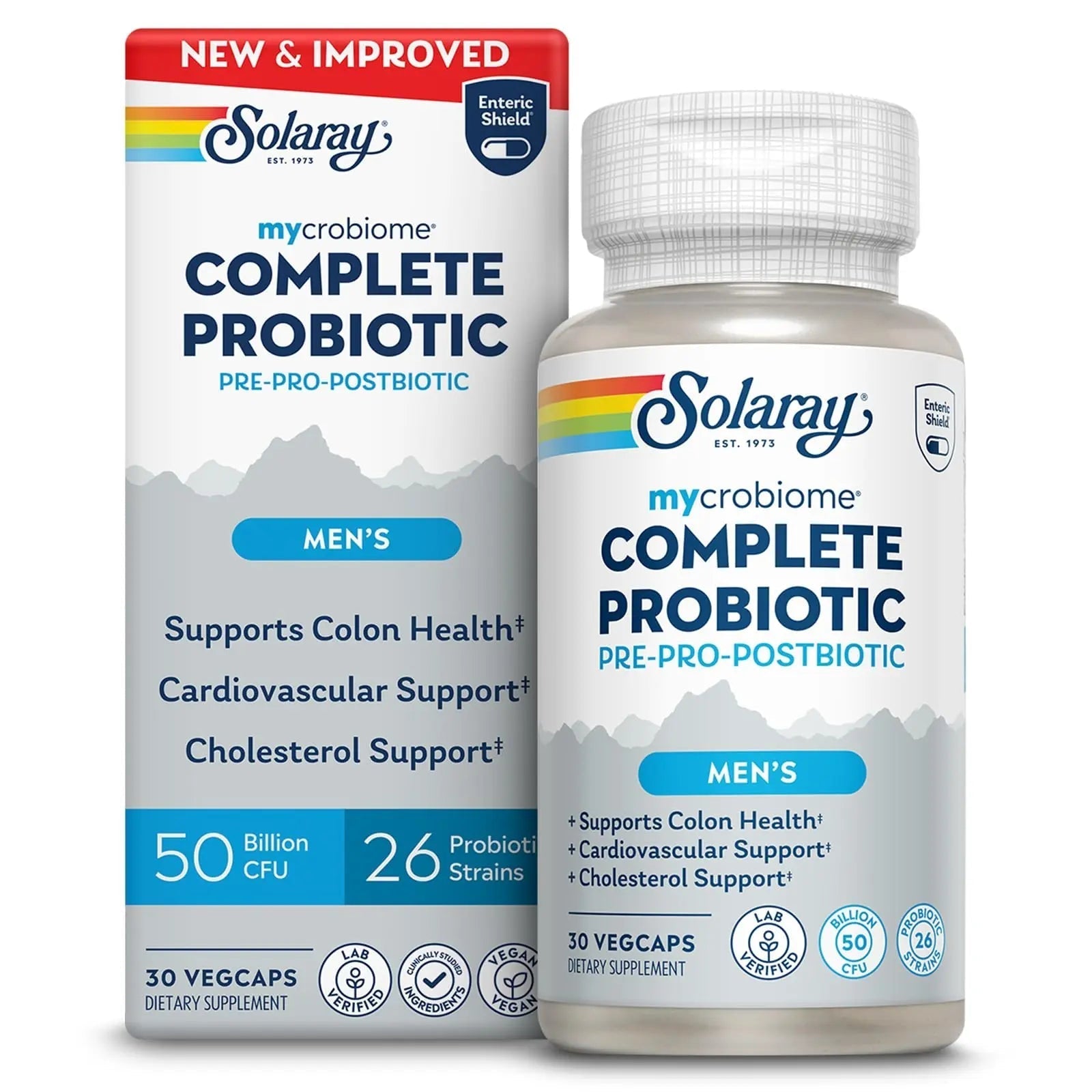 SOLARAY Mycrobiome Complete Probiotic Men's Formula - Pre and Probiotics for Men Plus Postbiotic - Digestive Health and Immune Support - 50 Billion CFU, 26 Strains - Vegan - 30 Servings, 30 VegCaps - Maple Wellness Supplements