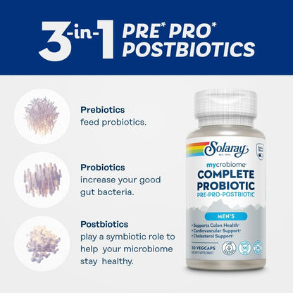 SOLARAY Mycrobiome Complete Probiotic Men's Formula - Pre and Probiotics for Men Plus Postbiotic - Digestive Health and Immune Support - 50 Billion CFU, 26 Strains - Vegan - 30 Servings, 30 VegCaps - Maple Wellness Supplements