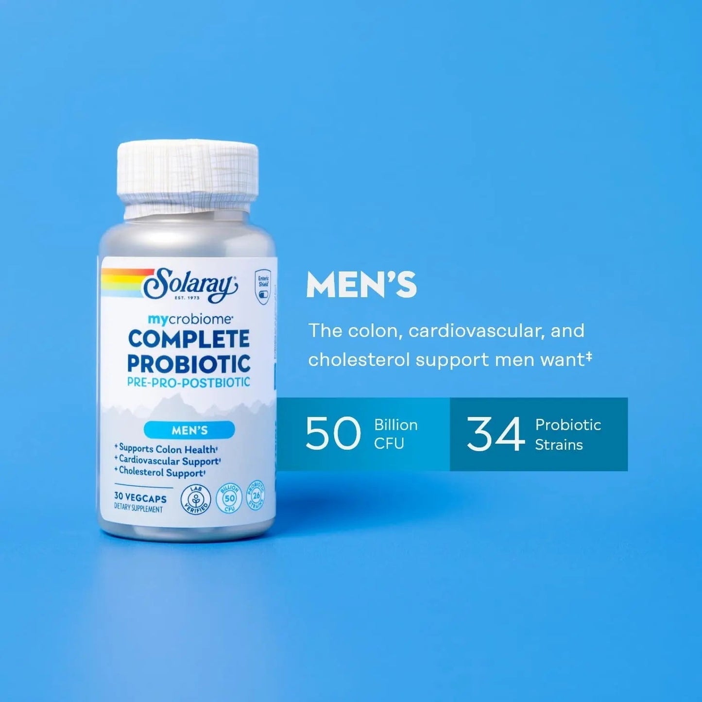 SOLARAY Mycrobiome Complete Probiotic Men's Formula - Pre and Probiotics for Men Plus Postbiotic - Digestive Health and Immune Support - 50 Billion CFU, 26 Strains - Vegan - 30 Servings, 30 VegCaps - Maple Wellness Supplements