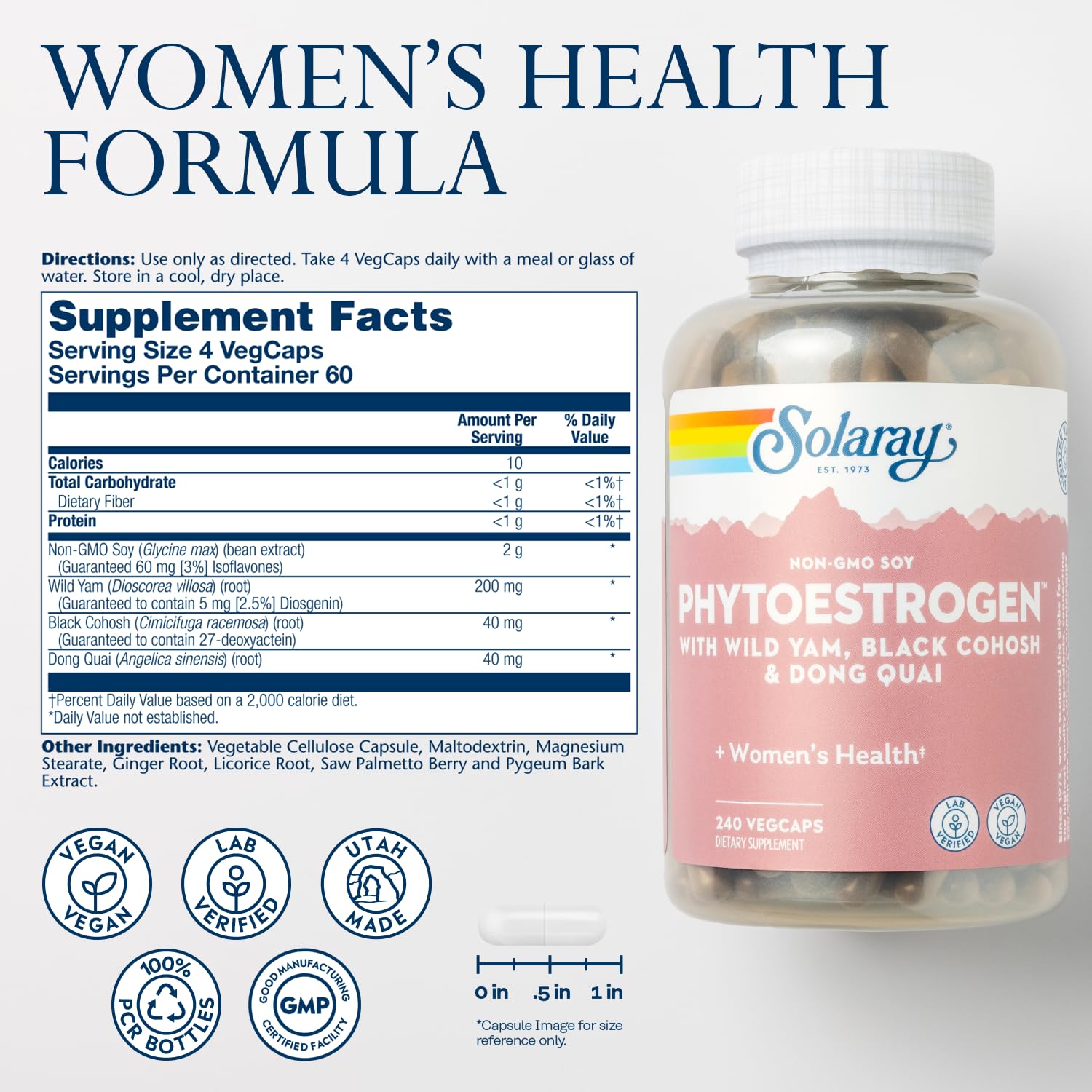 SOLARAY PhytoEstrogen Menopause Supplements with Wild Yam, Black Cohosh and Dong Quai - Phyto Estrogen Pills for Perimenopause and Menopause Support, Vegan, 60-Day Guarantee, 60 Servings, 240 VegCaps - Maple Wellness Supplements