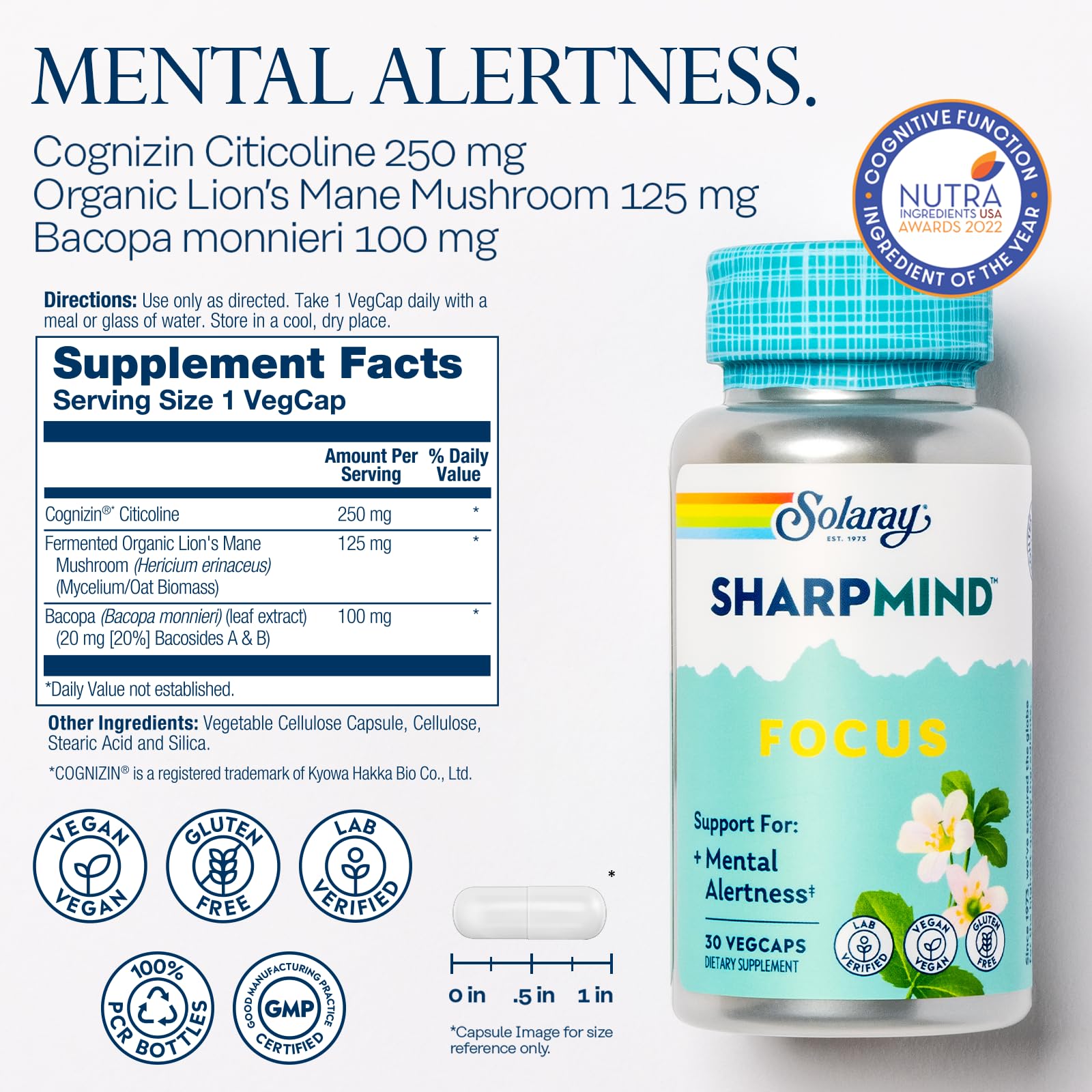 SOLARAY SharpMind Focus, Mental Alertness Nootropic Supplement, Memory Support, Each Capsule with Cognizin Citicoline, Vegan, 60 Day Money Guarantee, 30 Serv 30 Vegetarian Capsules Pills - Maple Wellness Supplements