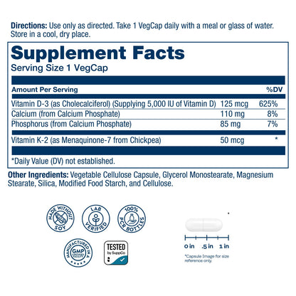 SOLARAY Vitamin D3 K2 - Bone Health and Immune Support Supplement - With 5000 IU Vitamin D as Vit D3 and 50 mcg Vitamin K2 as Menoquinone MK7, Made Without Soy - Maple Wellness Supplements
