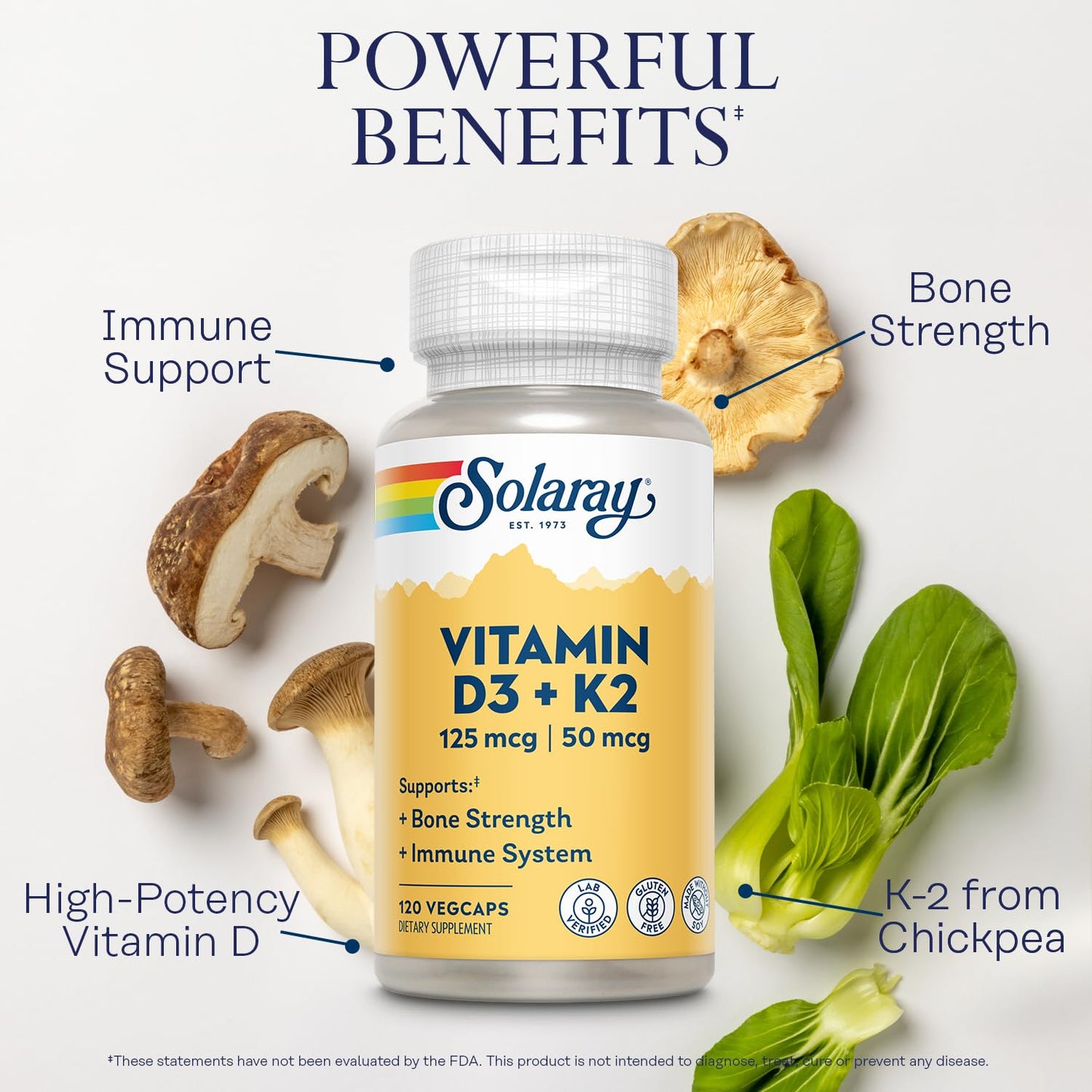 SOLARAY Vitamin D3 K2 - Bone Health and Immune Support Supplement - With 5000 IU Vitamin D as Vit D3 and 50 mcg Vitamin K2 as Menoquinone MK7, Made Without Soy - Maple Wellness Supplements