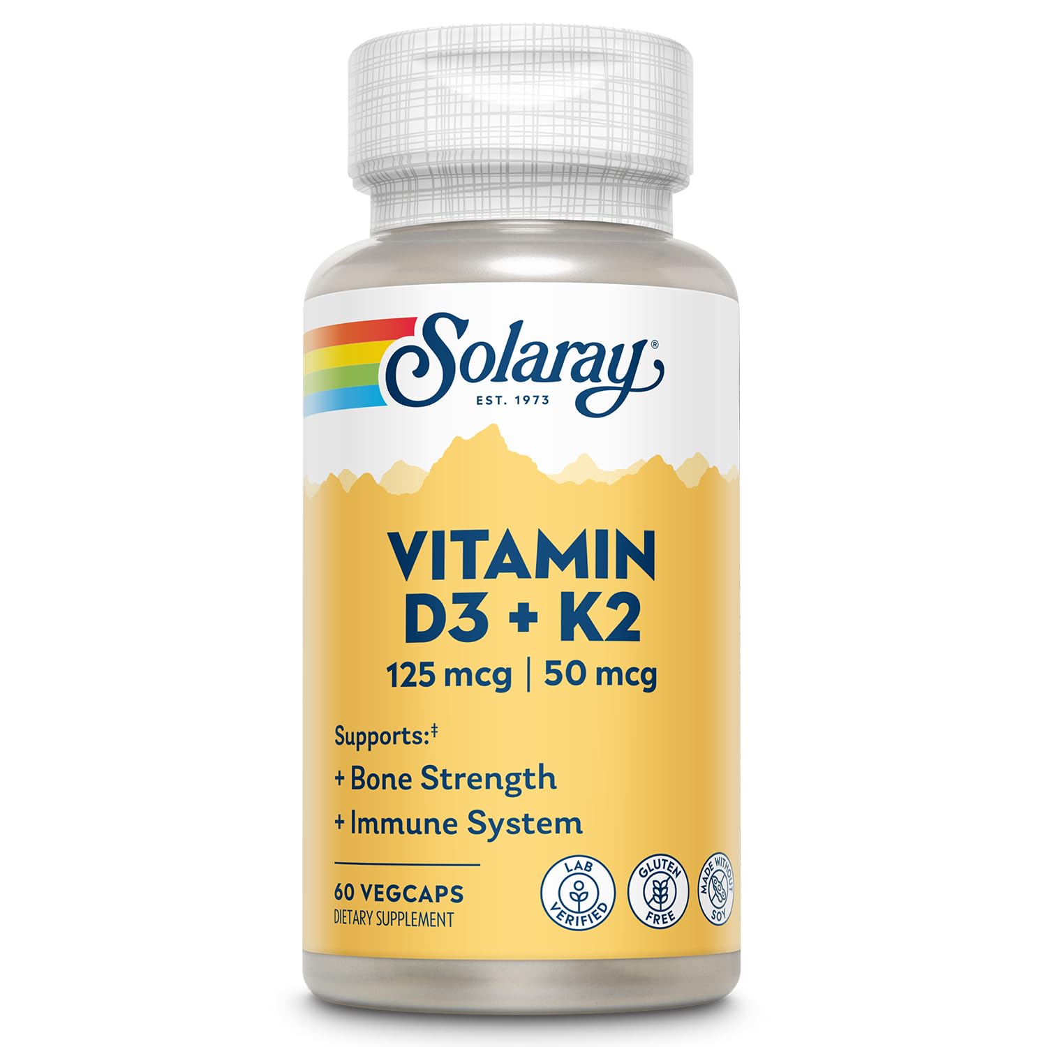 SOLARAY Vitamin D3 K2, K2 D3 Vitamin Supplement for Calcium Absorption, Bone Strength, Cardiovascular & Immune Function Support, Made Without Soy, 60-Day Guarantee, 60 Servings, 60 VegCaps - Maple Wellness Supplements