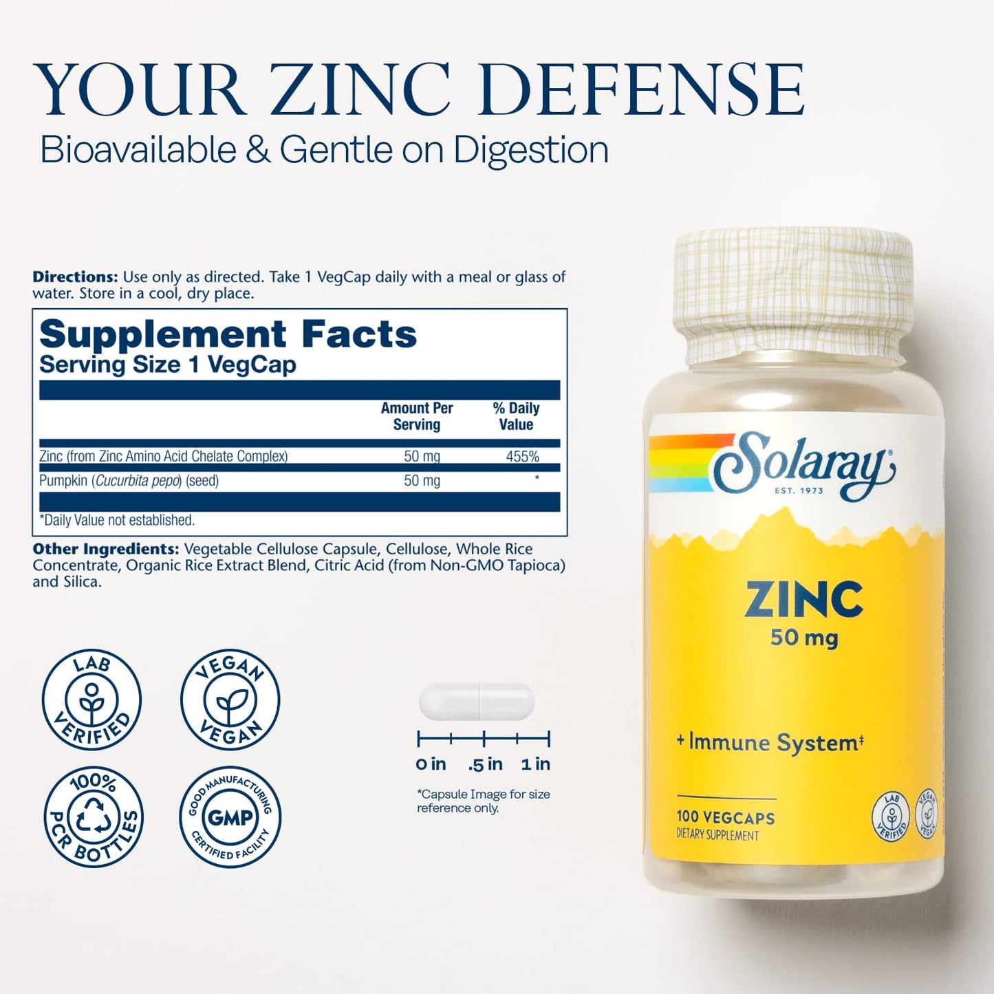 Solaray Zinc 50mg Immune Support Capsules, 100 Count, Vegan, Pumpkin Seed - Maple Wellness Supplements