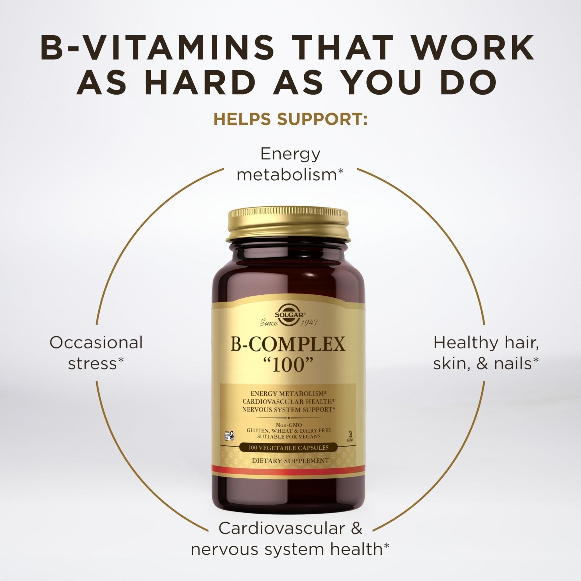 Solgar B-Complex "100", 100 Vegetable Capsules - Nervous System Support - Supports Energy Metabolism - Non-GMO, Vegan, Gluten Free, - Maple Wellness Supplements