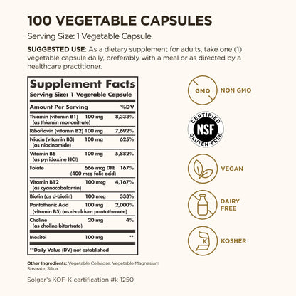 Solgar B-Complex "100", 100 Vegetable Capsules - Nervous System Support - Supports Energy Metabolism - Non-GMO, Vegan, Gluten Free, - Maple Wellness Supplements