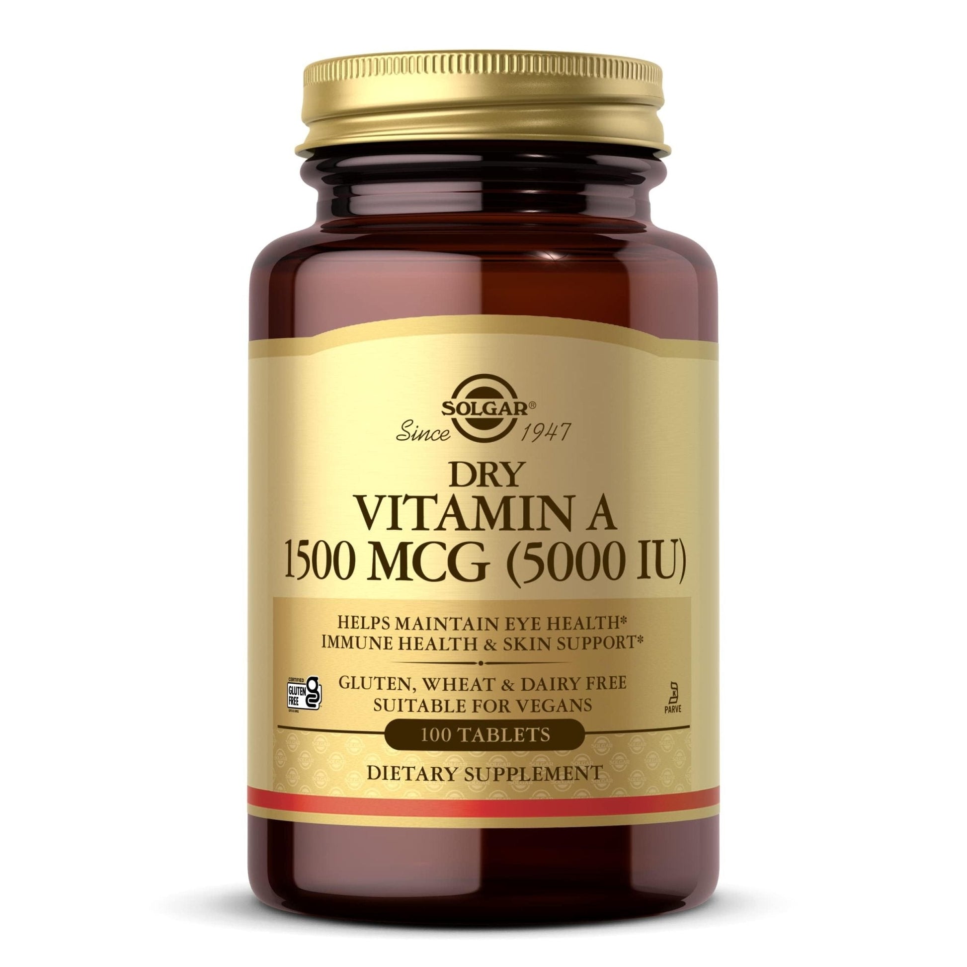 Solgar Dry Vitamin A 1500 mcg (5000 IU), 100 Tablets - Supports Healthy Eyes, Skin & Immune System - Non-GMO, Vegan, Gluten Free, - Maple Wellness Supplements