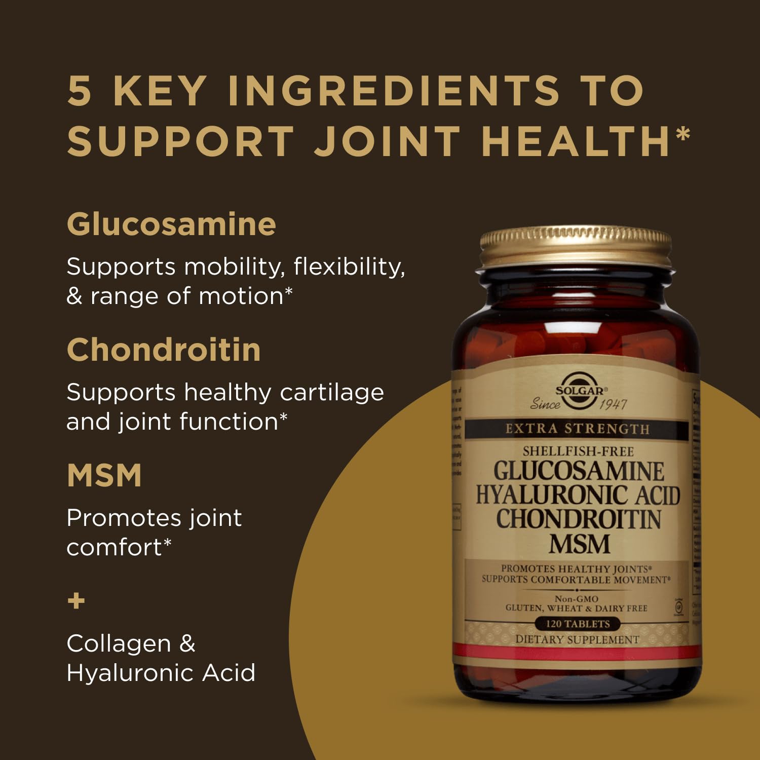 Solgar Glucosamine Hyaluronic Acid Chondroitin MSM, 120 Tablets - Supports Healthy Joints - Supports Range of Motion & Flexibility - Extra Strength, Shellfish Free - Maple Wellness Supplements