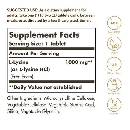 Solgar L-Lysine 1000 mg, 250 Tablets - Enhanced Absorption and Assimilation - Promotes Integrity of Skin and Lips - Collagen Support - Amino Acids - Maple Wellness Supplements