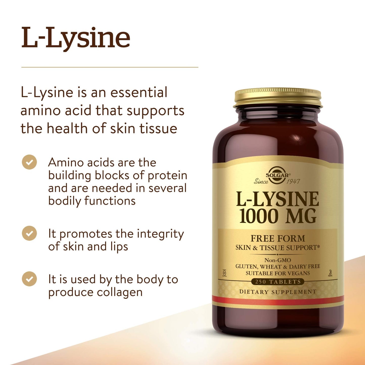Solgar L-Lysine 1000 mg, 250 Tablets - Enhanced Absorption and Assimilation - Promotes Integrity of Skin and Lips - Collagen Support - Amino Acids - Maple Wellness Supplements