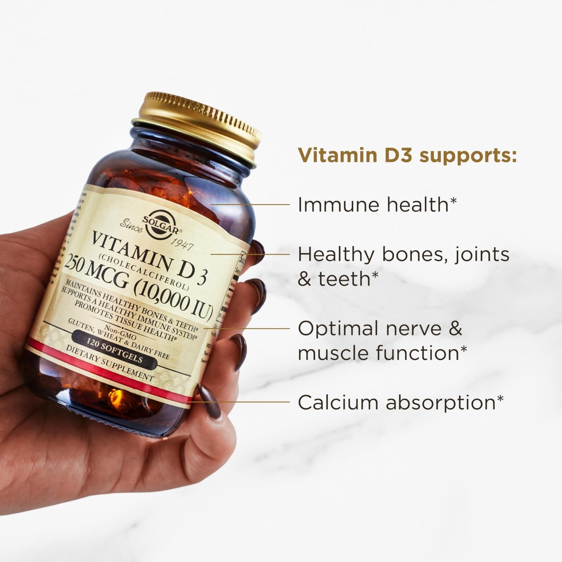 Solgar Vitamin D3 (Cholecalciferol) 250 MCG (10,000 IU), 120 Softgels - Helps Maintain Healthy Bones & Teeth - Immune System Support - Maple Wellness Supplements