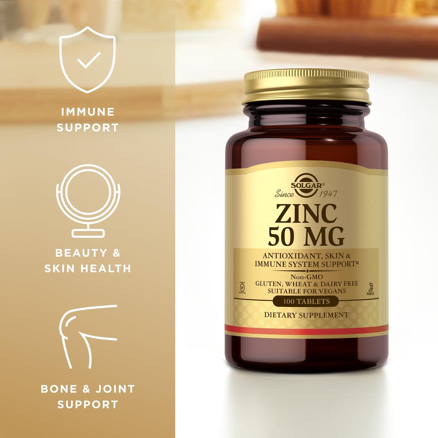 Solgar Zinc 50 mg, 100 Tablets - Zinc for Healthy Skin, Taste & Vision - Immune System & Antioxidant Support - Supports Cell Growth & DNA Formation - Maple Wellness Supplements