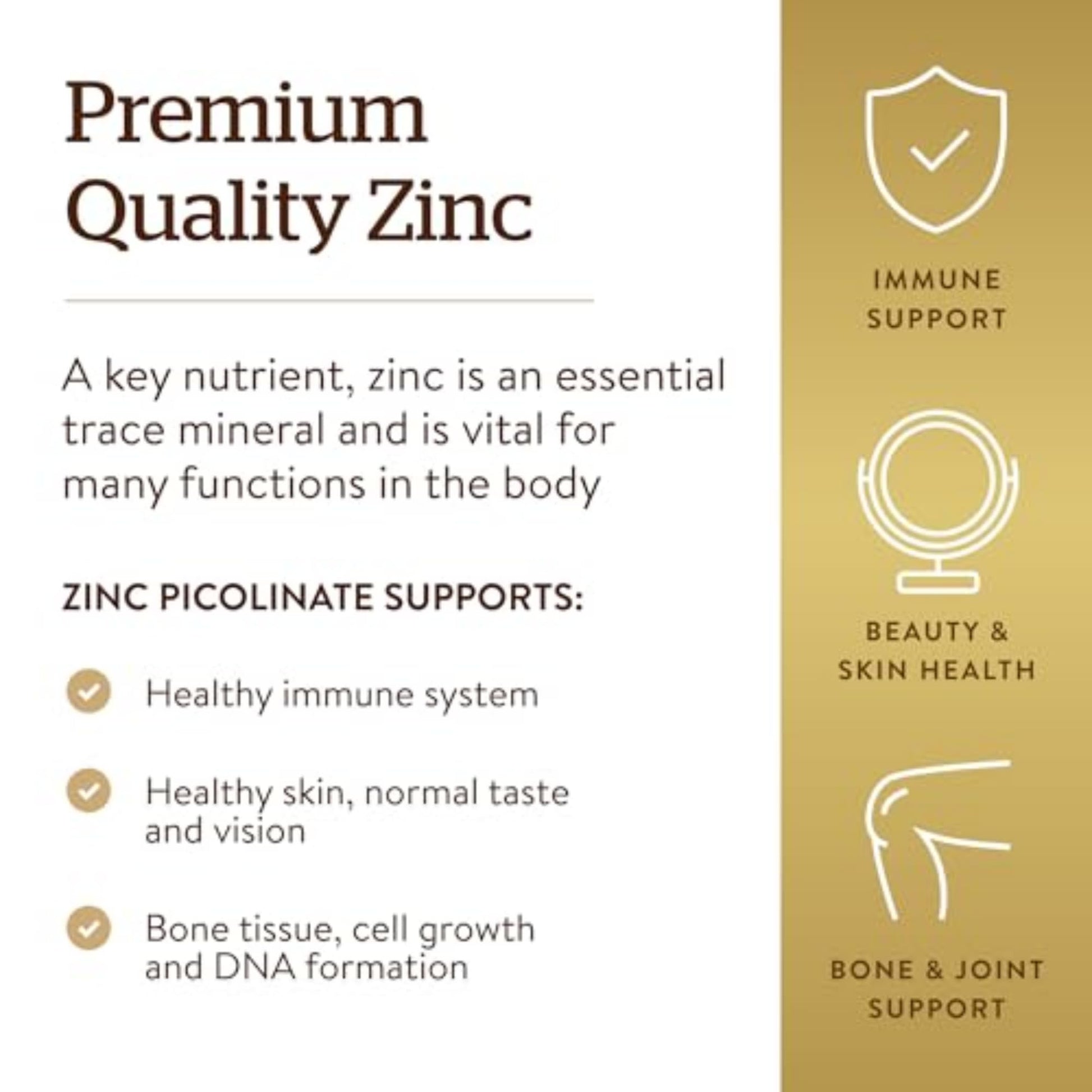 Solgar Zinc Picolinate 22 mg, 100 Tablets - Promotes Healthy Skin - Supports Immune System, Normal Taste & Vision - Antioxidant – Non-GMO, Vegan - Maple Wellness Supplements