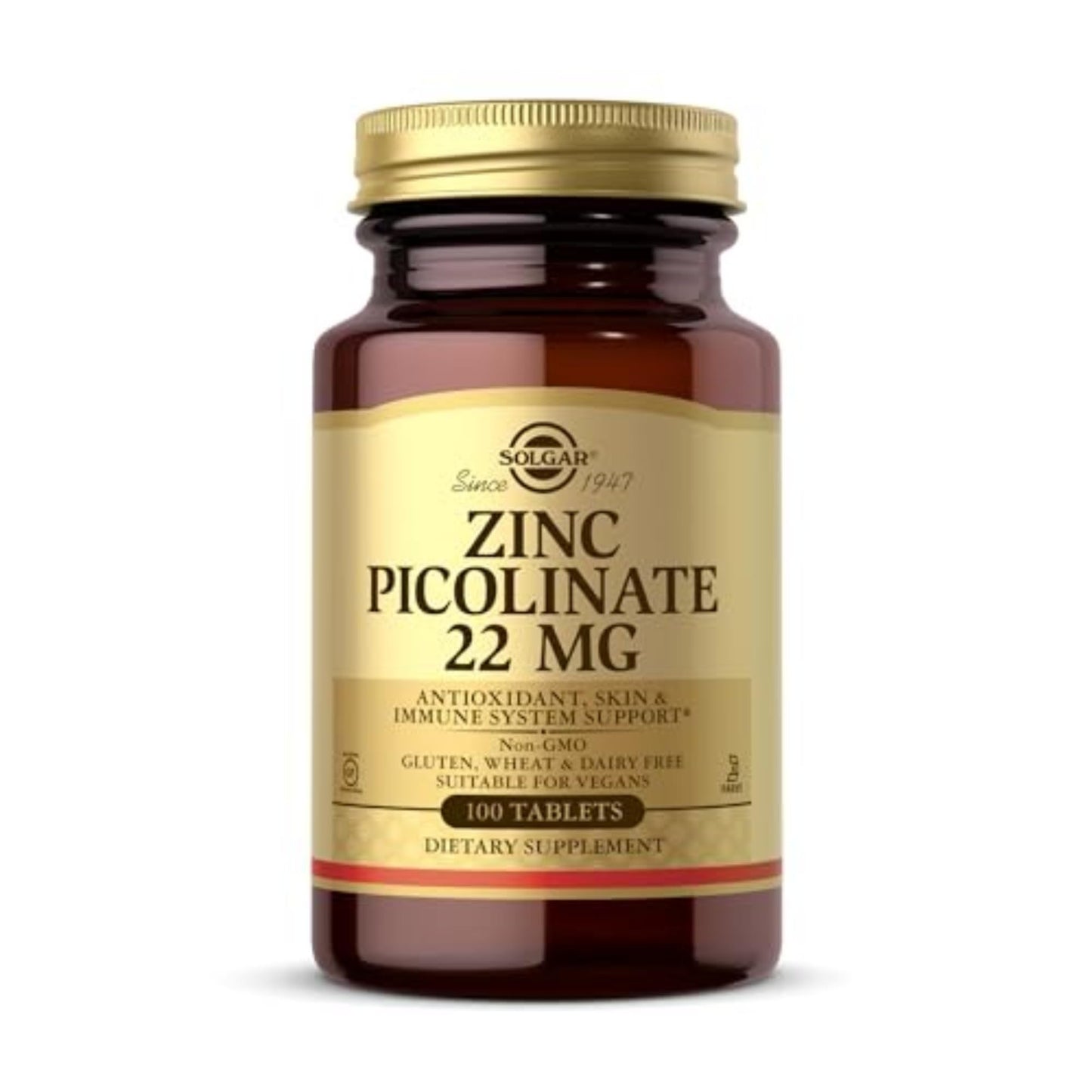 Solgar Zinc Picolinate 22 mg, 100 Tablets - Promotes Healthy Skin - Supports Immune System, Normal Taste & Vision - Antioxidant – Non-GMO, Vegan - Maple Wellness Supplements