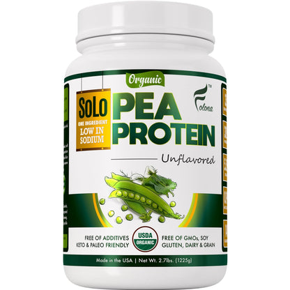 SOLO Organic Pea Protein Isolate, Low in Sodium, Canada Grown Peas, 100% Vegan, Non-GMO, Unflavored Plant Based Protein Powder with BCAA, Keto & Paleo Friendly, - Maple Wellness Supplements