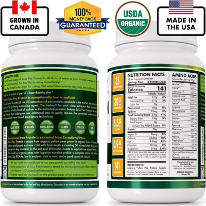 SOLO Organic Pea Protein Isolate, Low in Sodium, Canada Grown Peas, 100% Vegan, Non-GMO, Unflavored Plant Based Protein Powder with BCAA, Keto & Paleo Friendly, - Maple Wellness Supplements