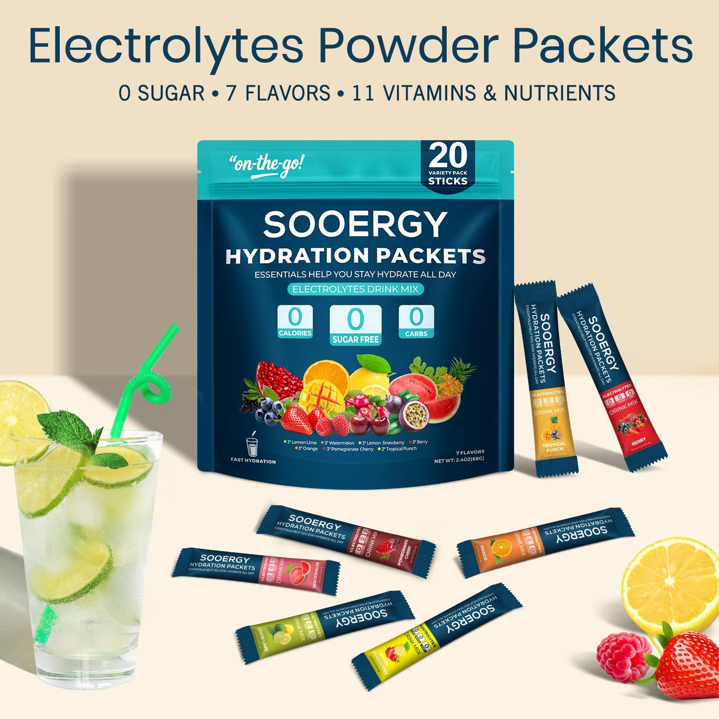 Sooergy Electrolytes Powder Packets Sugar Free Hydration Packets, 7 Flavors Liquid Daily IV Electrolyte Drink Mixes for Rehydration - Maple Wellness Supplements