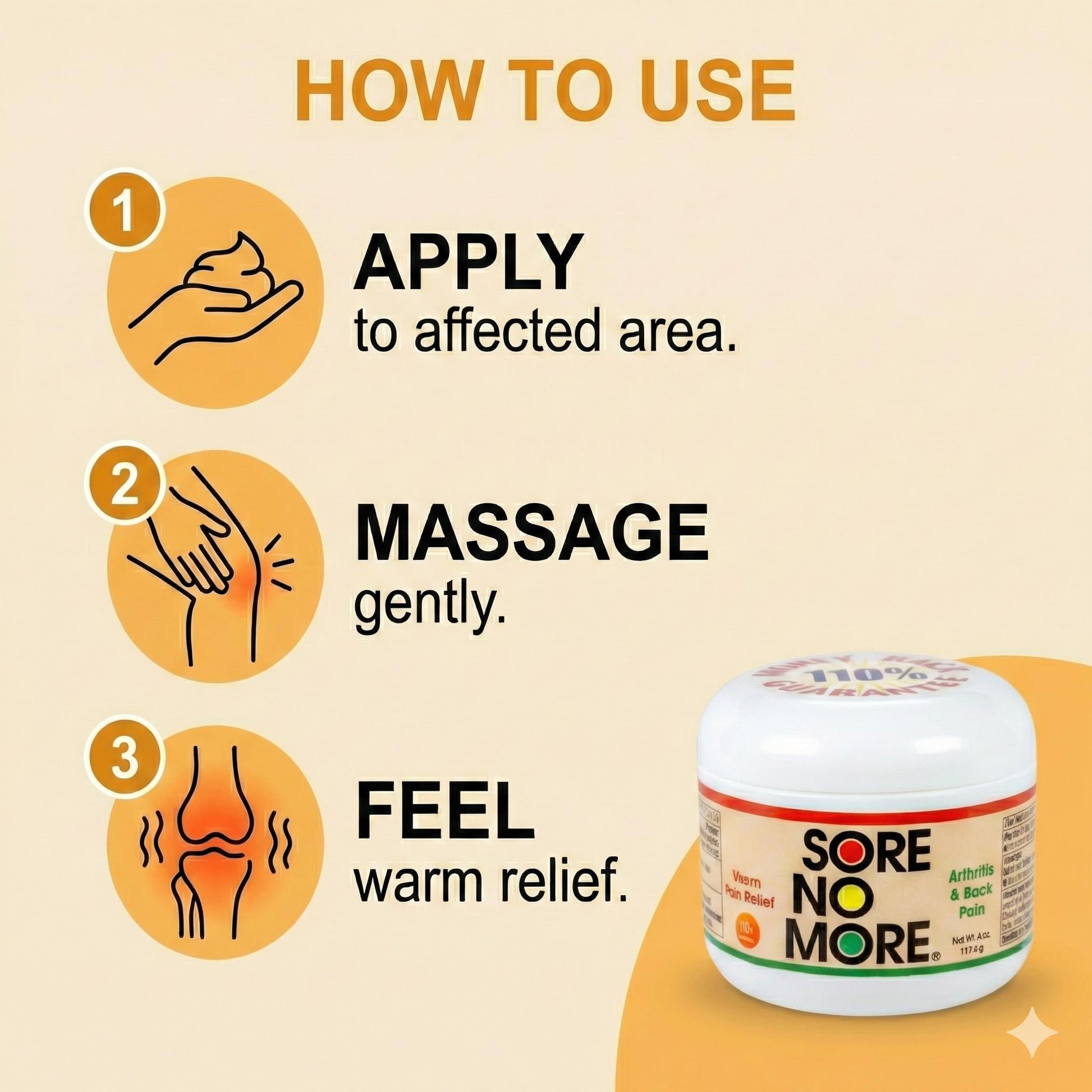 Sore No More Warm Arthritis Pain Relief Cream – Targeted Reliever for Back, Neck, Hands & Feet – Soothing & Fast-Acting Formula for Aches and Pains – Non-Greasy with Orange Aroma – 4 oz - Maple Wellness Supplements