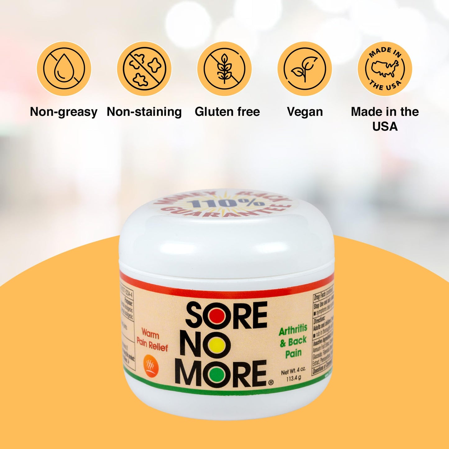Sore No More Warm Arthritis Pain Relief Cream – Targeted Reliever for Back, Neck, Hands & Feet – Soothing & Fast-Acting Formula for Aches and Pains – Non-Greasy with Orange Aroma – 4 oz - Maple Wellness Supplements