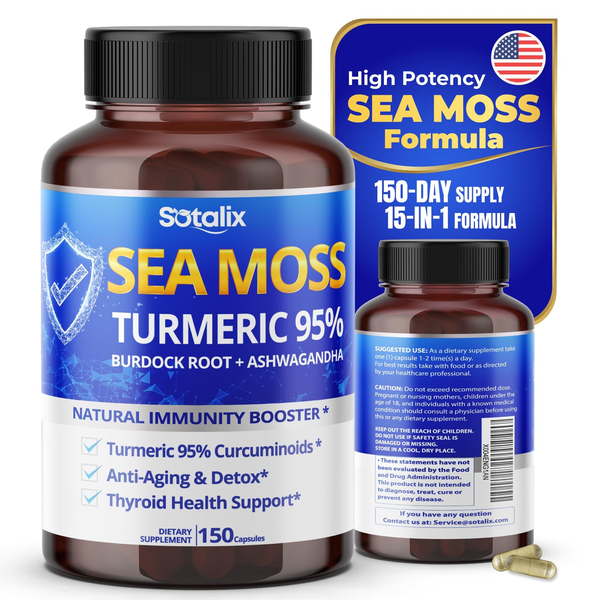 Sotalix Sea Moss Capsule with Ashwagandha, Burdock Root, Bladderwrack, Turmeric - Powerful Natural Immunity Booster (150 Count (Pack of 1)) - Maple Wellness Supplements