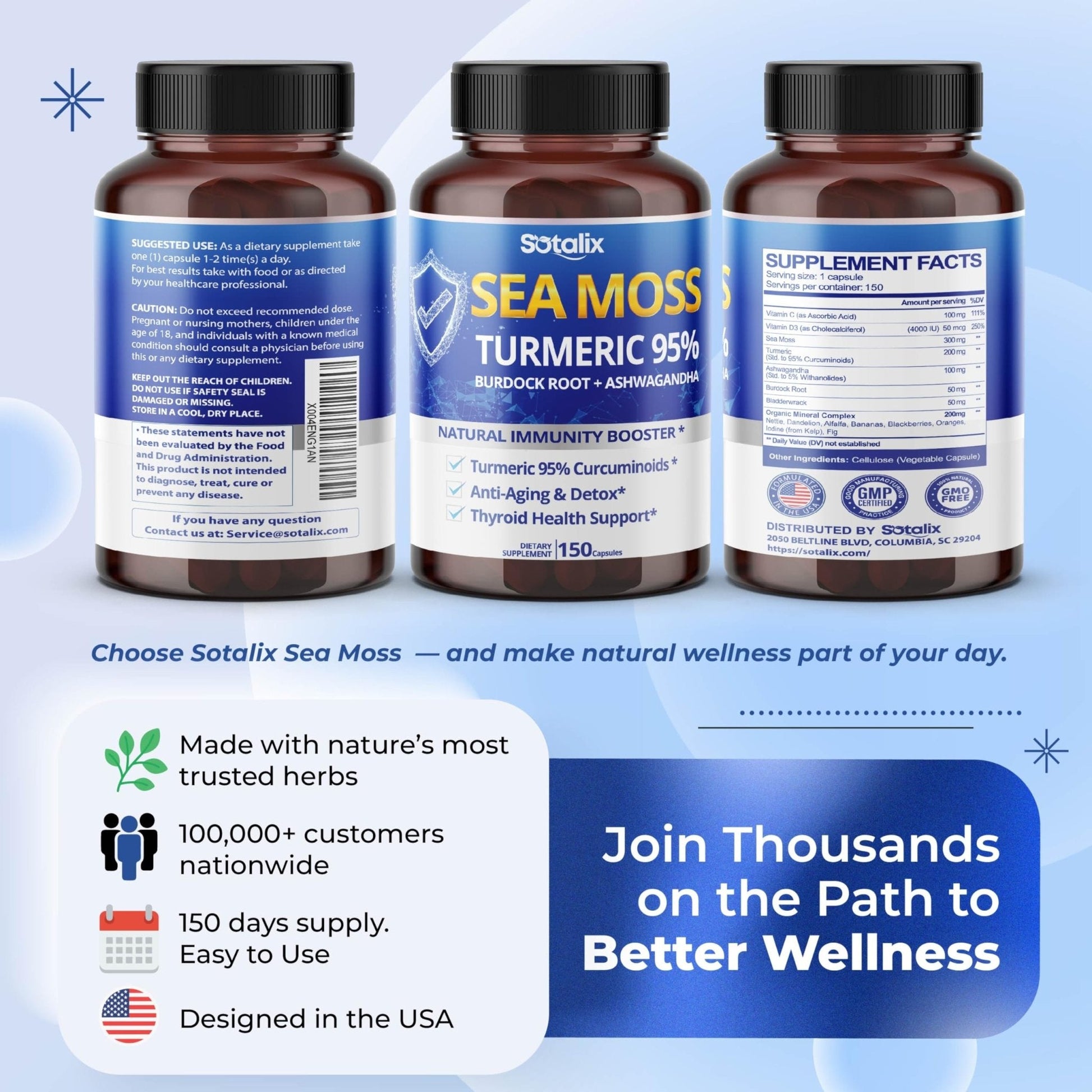 Sotalix Sea Moss Capsule with Ashwagandha, Burdock Root, Bladderwrack, Turmeric - Powerful Natural Immunity Booster (150 Count (Pack of 1)) - Maple Wellness Supplements