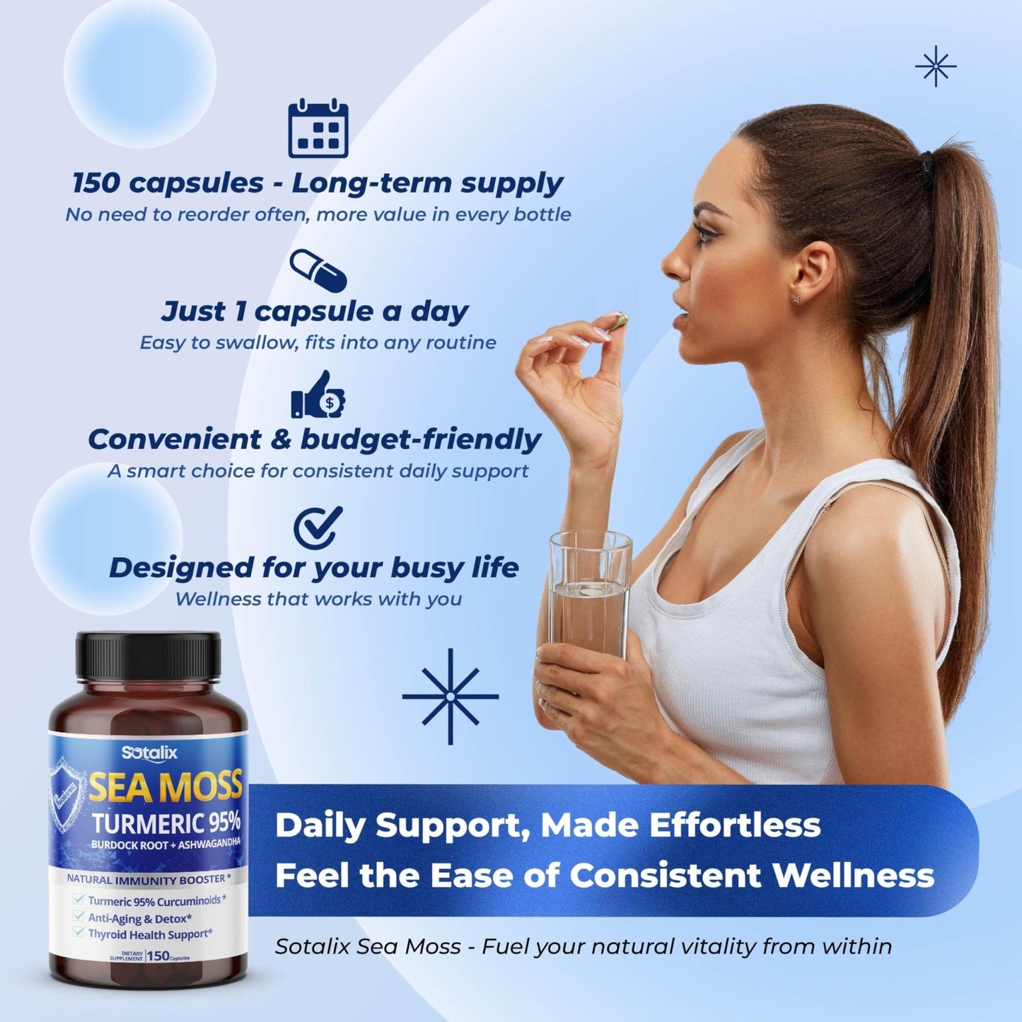 Sotalix Sea Moss Capsule with Ashwagandha, Burdock Root, Bladderwrack, Turmeric - Powerful Natural Immunity Booster (150 Count (Pack of 1)) - Maple Wellness Supplements