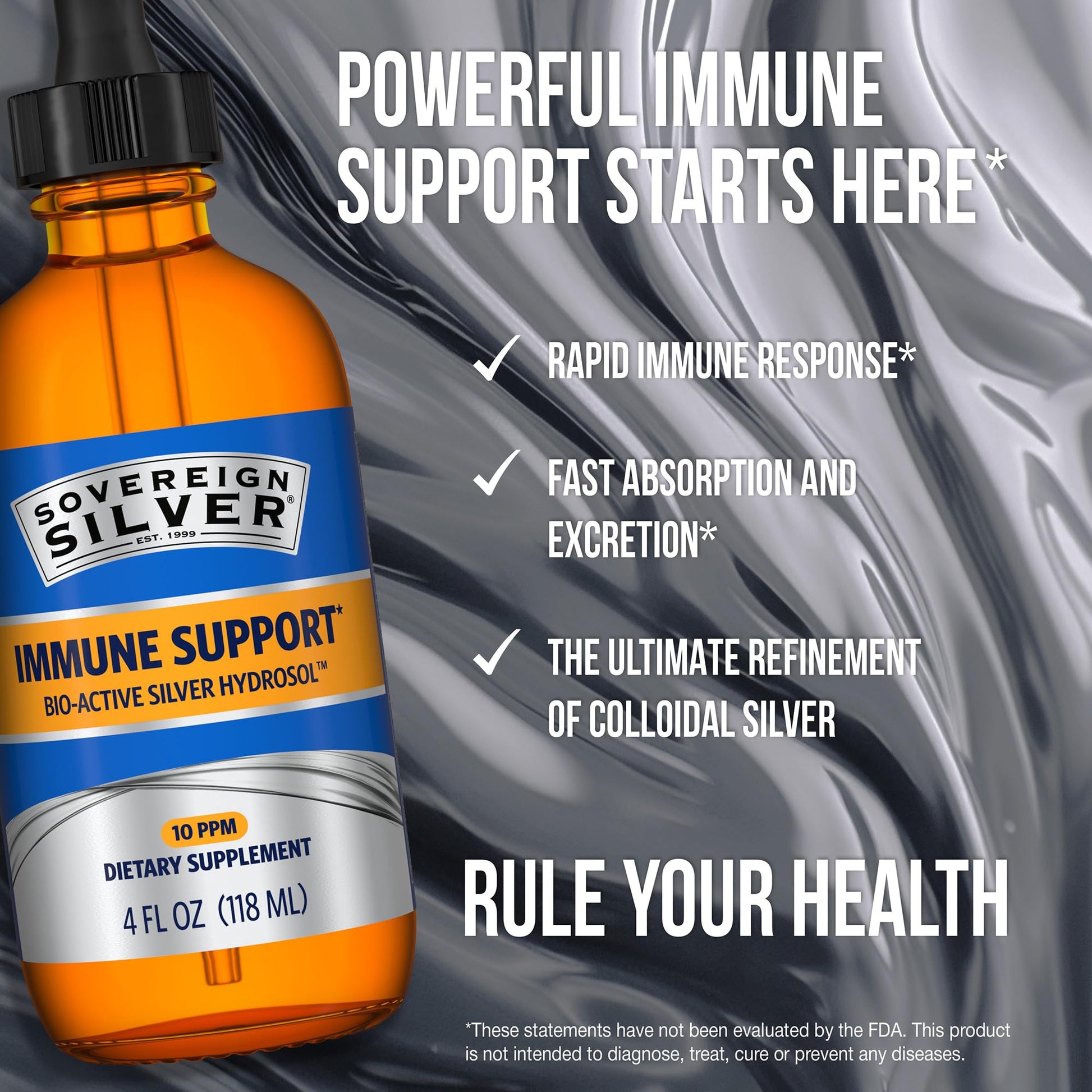 Sovereign Silver Immune Support - Colloidal Silver, Bio-Active Silver Hydrosol, 10 ppm, Liquid Dropper, 4 Fl Oz, (118 mL) - Maple Wellness Supplements