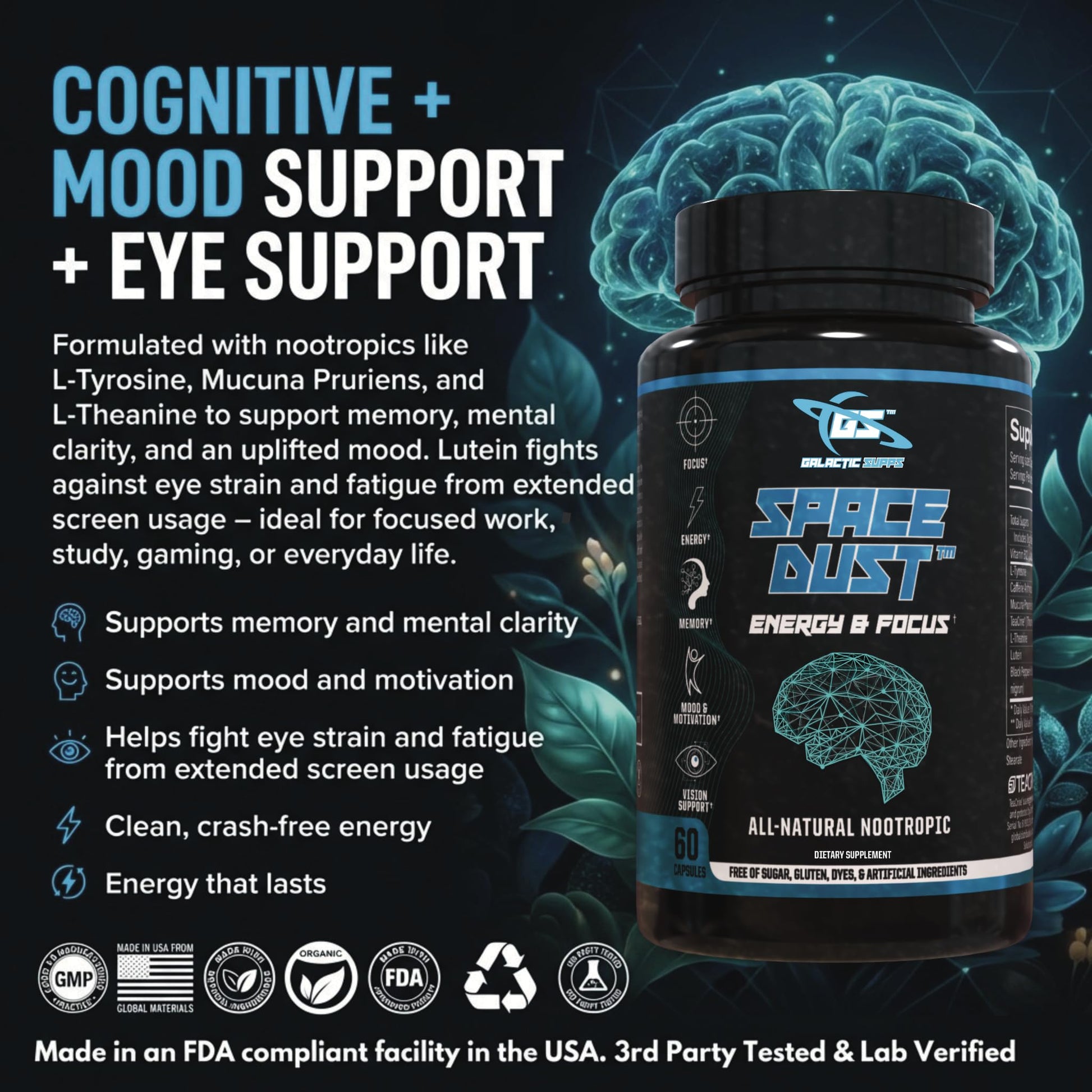Space Dust Brain Supplements for Memory and Focus – Nootropic Focus Supplement for Brain Health & Mind Boost with TeaCrine, Caffeine, L-Tyrosine, L-Theanine – Cognitive Support Capsules, 60 Count - Maple Wellness Supplements