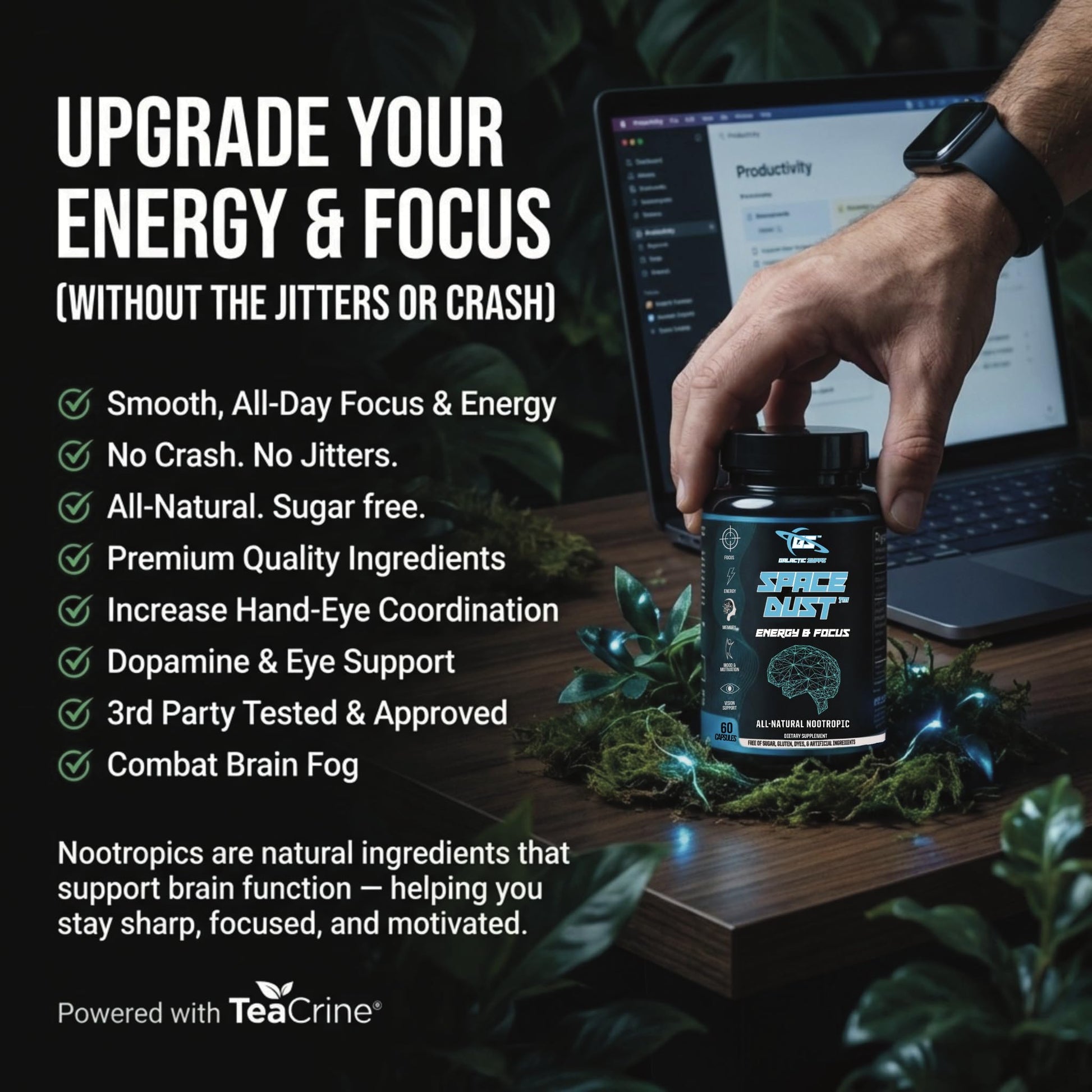 Space Dust Brain Supplements for Memory and Focus – Nootropic Focus Supplement for Brain Health & Mind Boost with TeaCrine, Caffeine, L-Tyrosine, L-Theanine – Cognitive Support Capsules, 60 Count - Maple Wellness Supplements