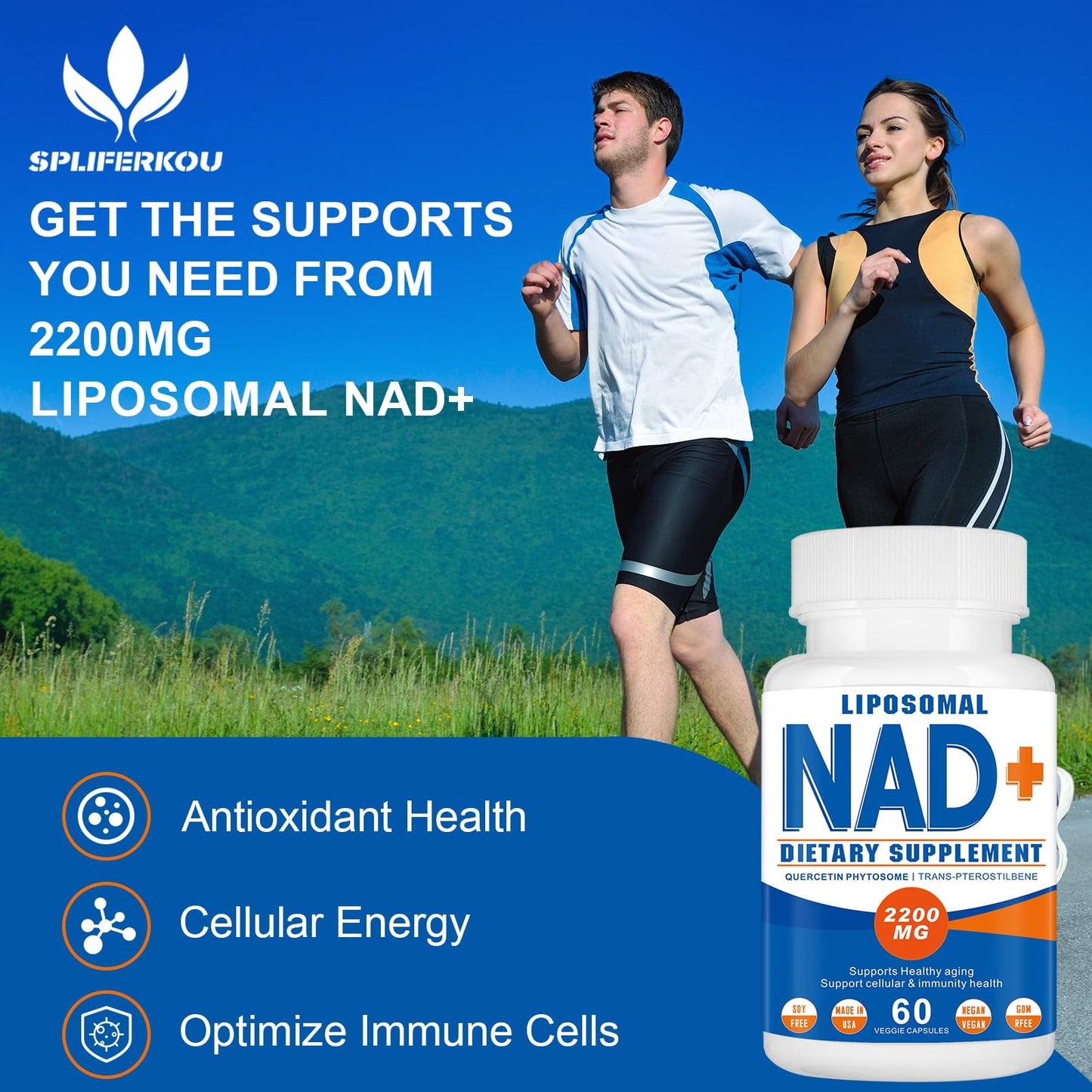 Spliferkou 2200mg Liposomal NAD+ Supplement - Enhances Cell Energy & Aging Defese, 60 Capsules - Maple Wellness Supplements