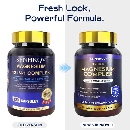 SPNHKQV Magnesium 12-in-1 Complex Supplement – 700mg High Absorption Magnesium Glycinate Capsules for Women & Men – Muscle, Nerve & Sleep Support – 120 Vegan Capsules - Maple Wellness Supplements