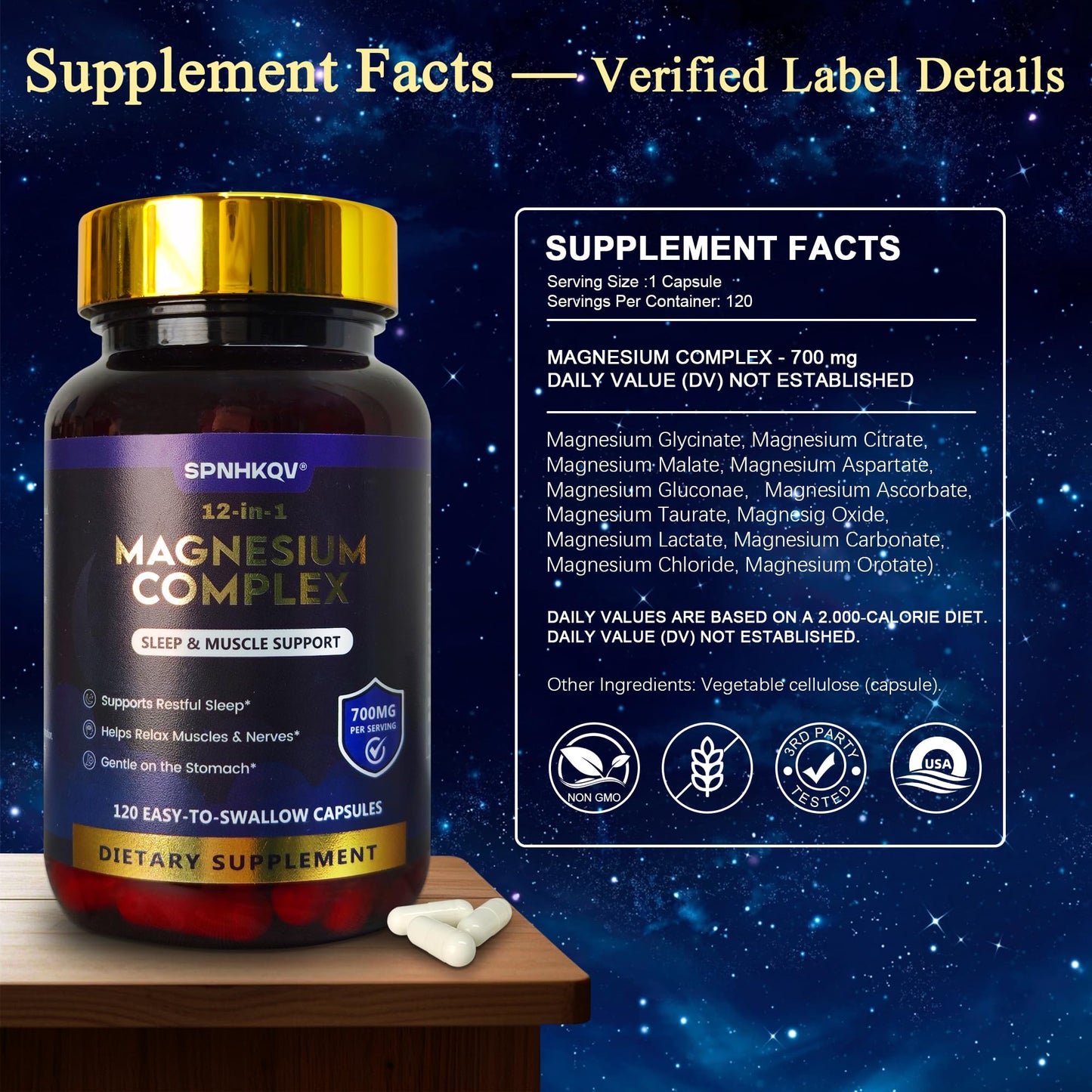 SPNHKQV Magnesium 12-in-1 Complex Supplement – 700mg High Absorption Magnesium Glycinate Capsules for Women & Men – Muscle, Nerve & Sleep Support – 120 Vegan Capsules - Maple Wellness Supplements