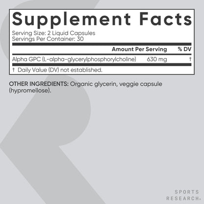 Sports Research® Alpha GPC 630mg (Extra Strength) - Bioavailable Source of Choline - Focus & Cognitive Support for Women & Men - Vegan Certified · Non-GMO · Gluten Free - 60 Liquid Capsules - Maple Wellness Supplements