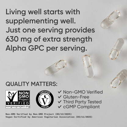 Sports Research® Alpha GPC 630mg (Extra Strength) - Bioavailable Source of Choline - Focus & Cognitive Support for Women & Men - Vegan Certified · Non-GMO · Gluten Free - 60 Liquid Capsules - Maple Wellness Supplements