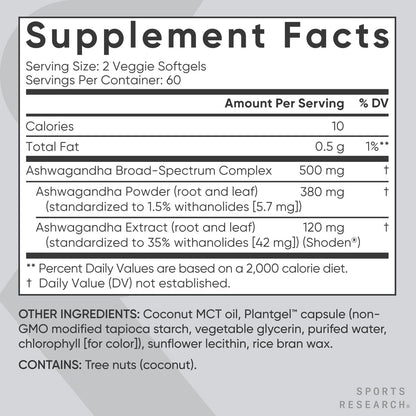 Sports Research® Ashwagandha Softgels with Coconut MCT Oil - Natural Ayurvedic Adaptogen Made with Shoden® Ashwa for Relaxation, Calm & Sleep Support - Gluten Free & Vegan Friendly - 120 Count - Maple Wellness Supplements