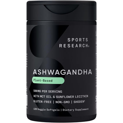 Sports Research® Ashwagandha Softgels with Coconut MCT Oil - Natural Ayurvedic Adaptogen Made with Shoden® Ashwa for Relaxation, Calm & Sleep Support - Gluten Free & Vegan Friendly - 120 Count - Maple Wellness Supplements