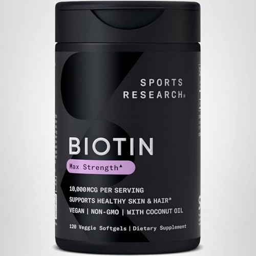 Sports Research® Biotin 10,000mcg with Organic Coconut Oil - Biotin (Vitamin B7) for Healthy Skin and Hair Support* - for Women and Men - Vegan, Non-GMO - Maple Wellness Supplements